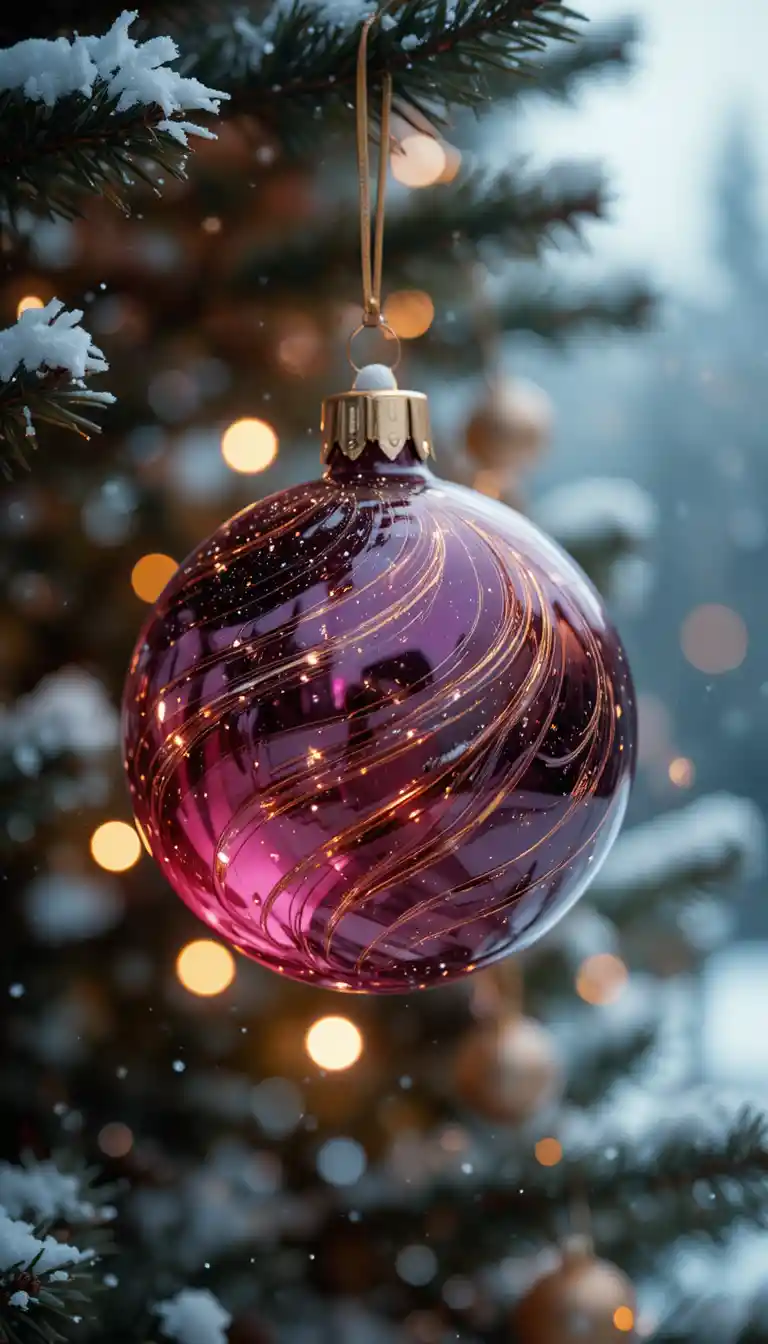 Boule de Noël en verre sur un arbre sous une douce neige d’hiver