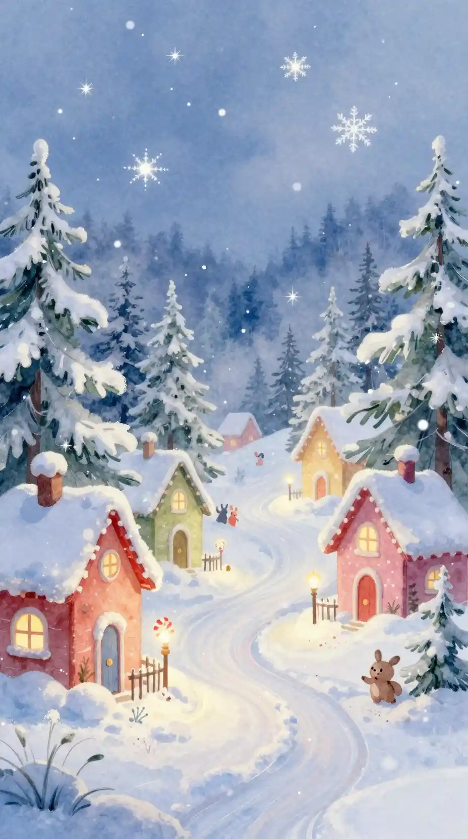 Village d’hiver féerique avec cottages couleur bonbon et neige