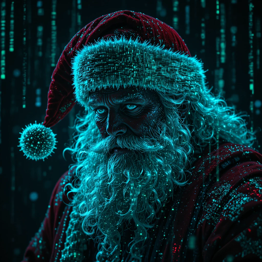 Figura de Papai Noel em neon cinematográfico em cena de matriz digital com glitches