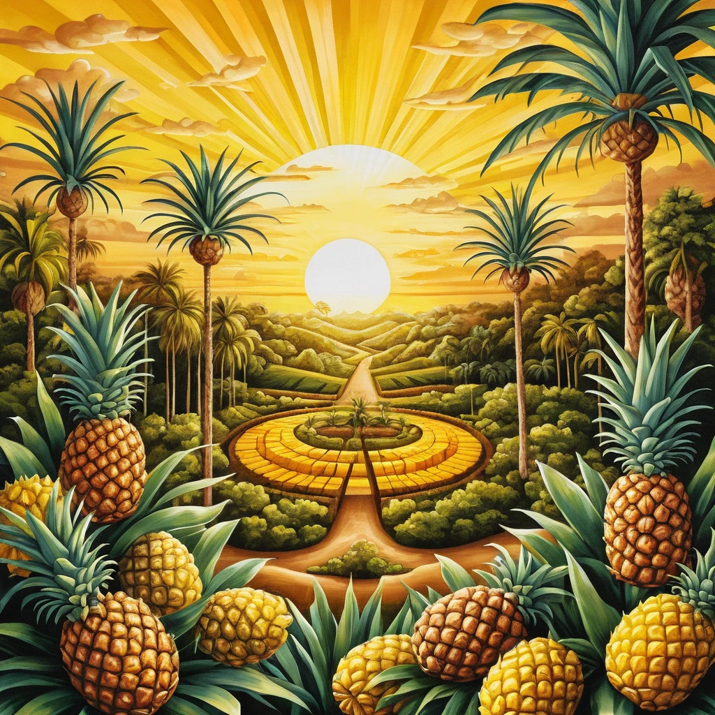 Surrealer Sonnenaufgang über Plantage mit goldenen Ananasbäumen