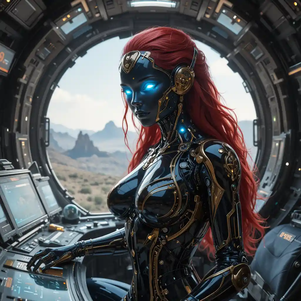 Female cyborg commander in a futuristic spacecraft cockpit