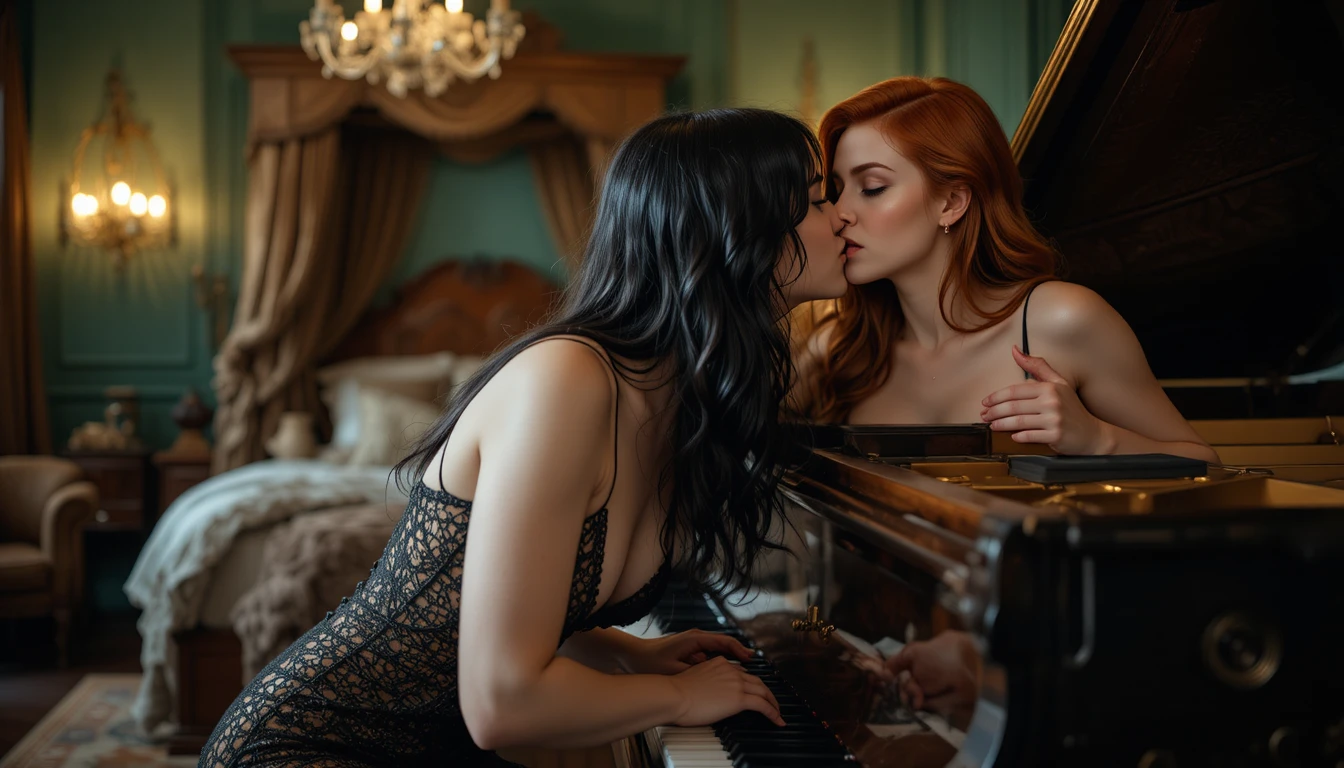 Due donne glamour che si baciano accanto a un pianoforte aperto