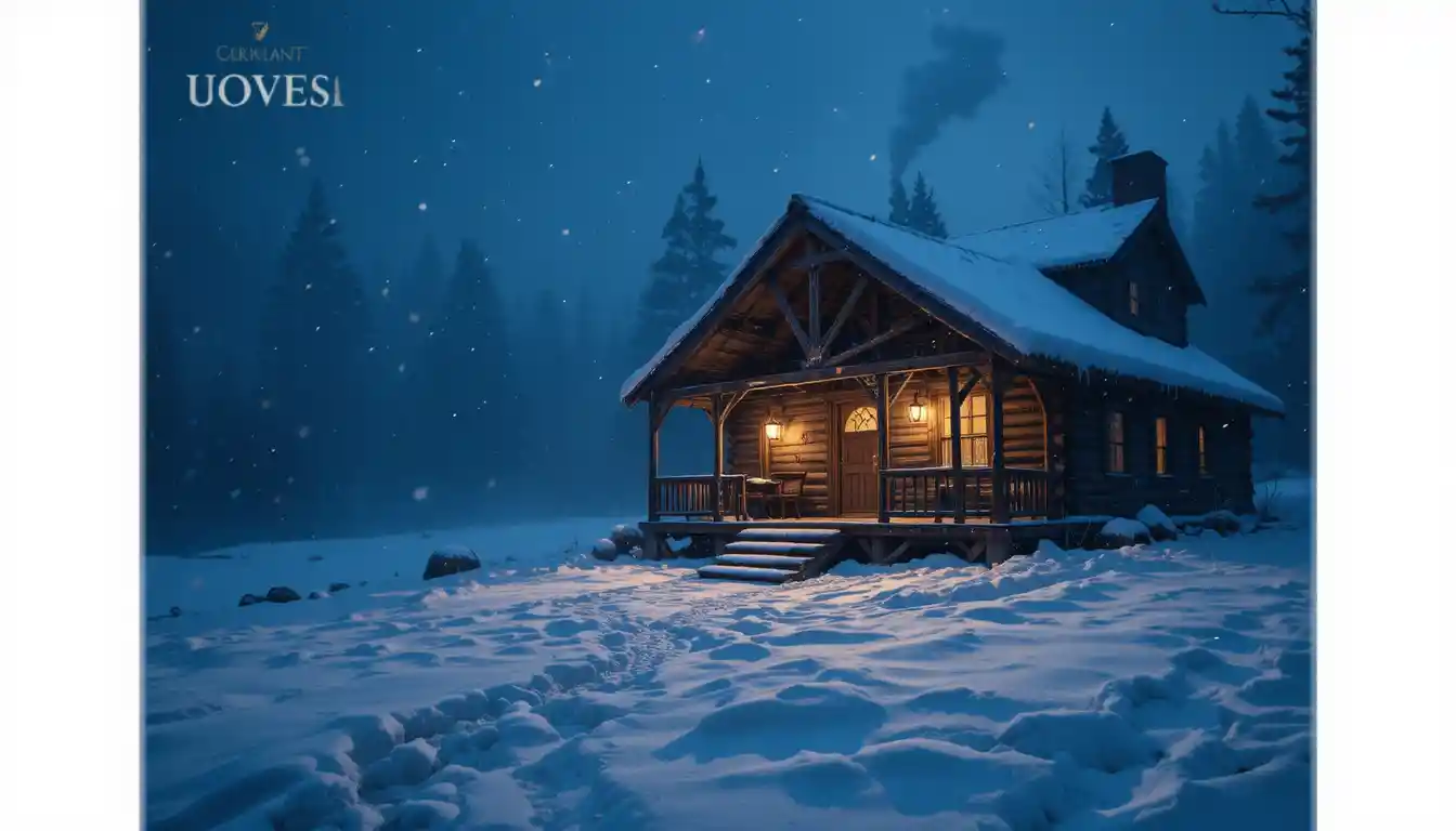 Capanna rustica illuminata dalla luce delle lanterne in una notte d’inverno