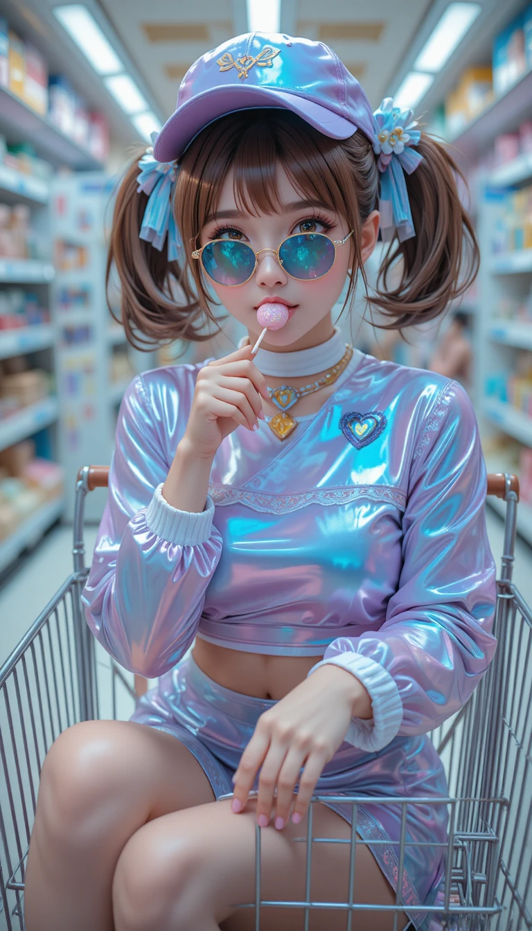 Garota de anime fofa em streetwear sentada em um carrinho de compras