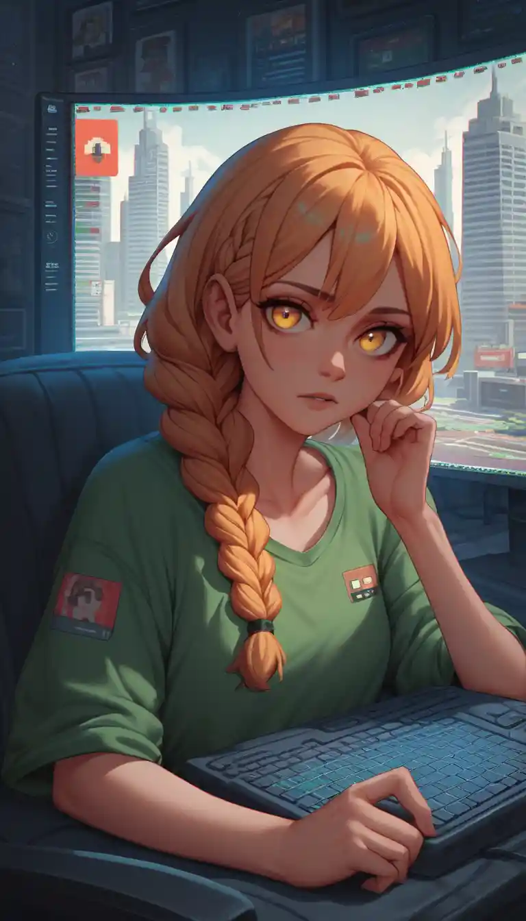 Pixel art girl in news studio before burning city screen
