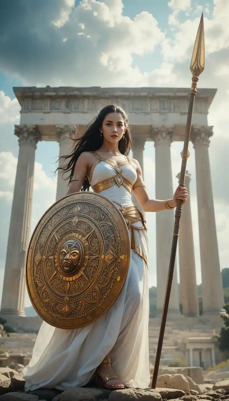 Ancient warrior woman with spear and shield before temple