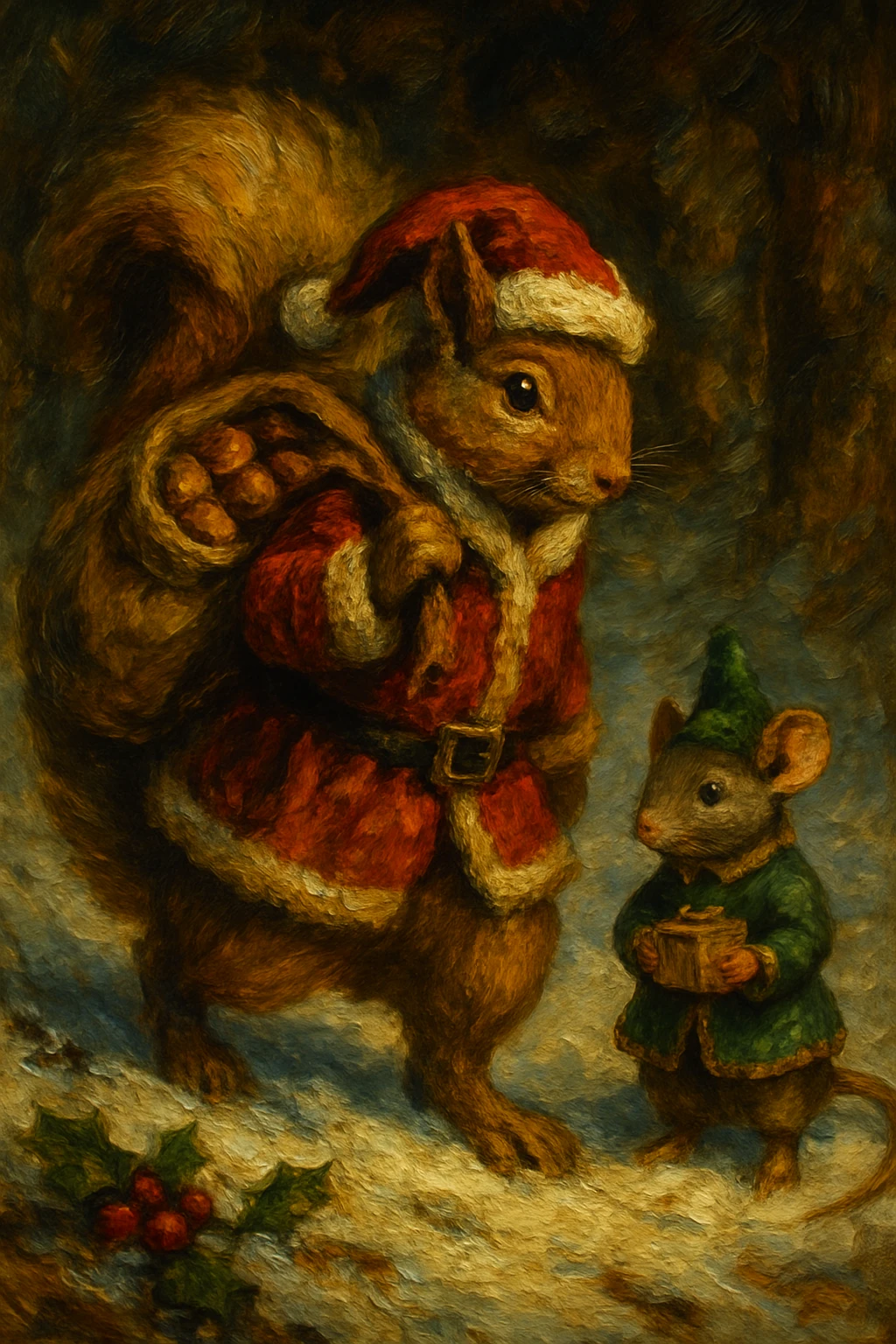 Scoiattolo Babbo Natale festoso nel bosco innevato