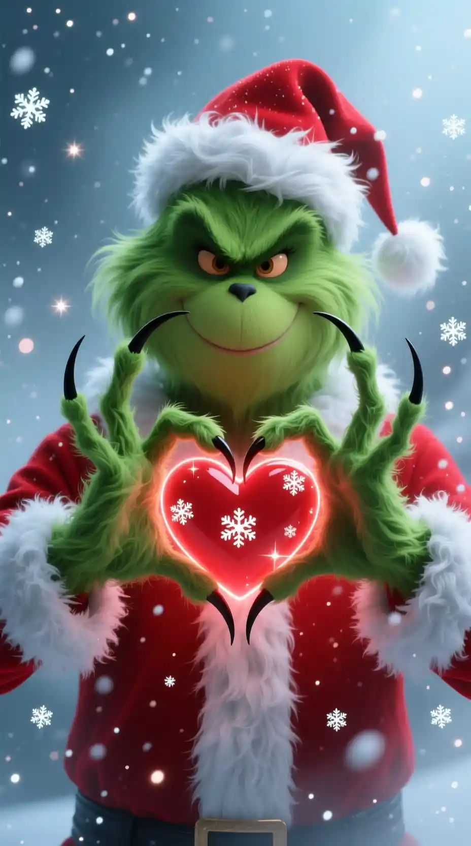 Green furry monster hands forming a glowing christmas heart