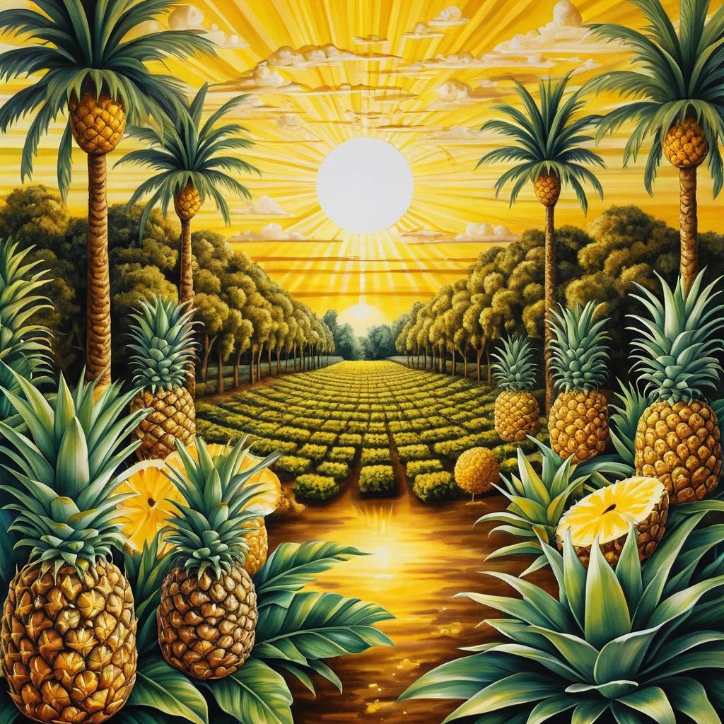 Plantation d’été dorée et surréaliste au lever du soleil avec des arbres ananas
