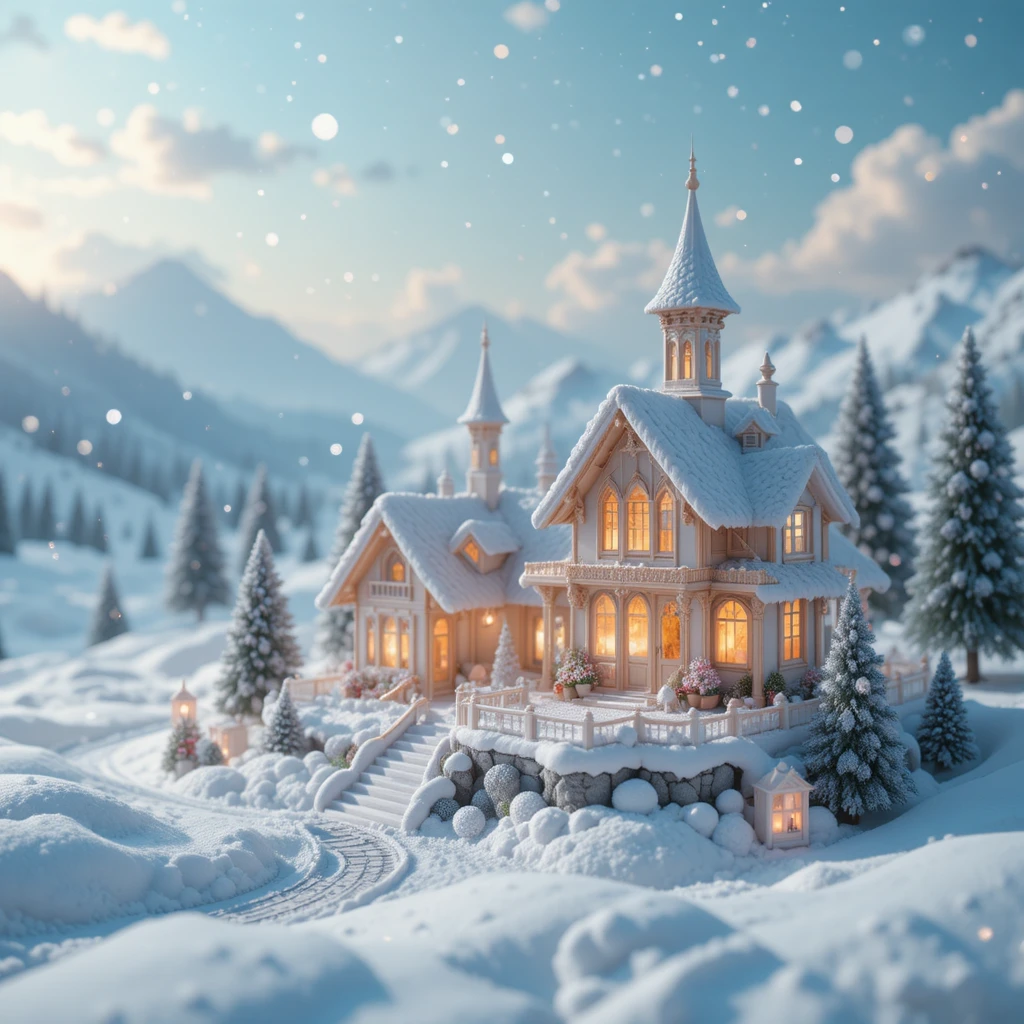 Diorama Fantaisiste de Village d’Hiver sous une Douce Neige Tombante