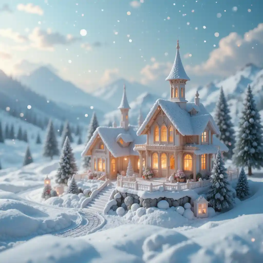 Diorama Fantasioso di Villaggio Invernale sotto Soffice Neve Cadente