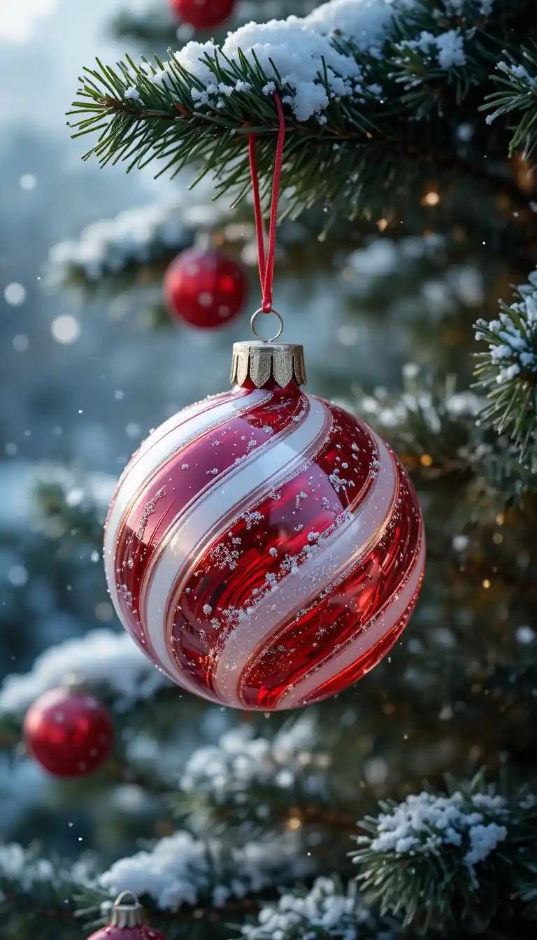 Decorazione a righe rosse su un albero di Natale innevato all'aperto
