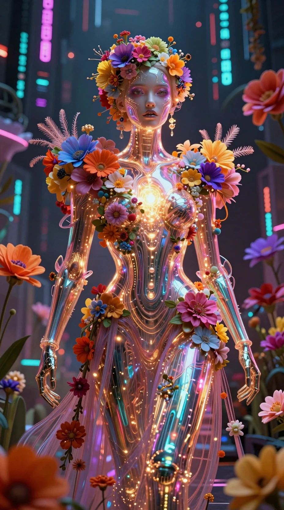 Floraler humanoider Roboter-Fashionista im digitalen Datenreich