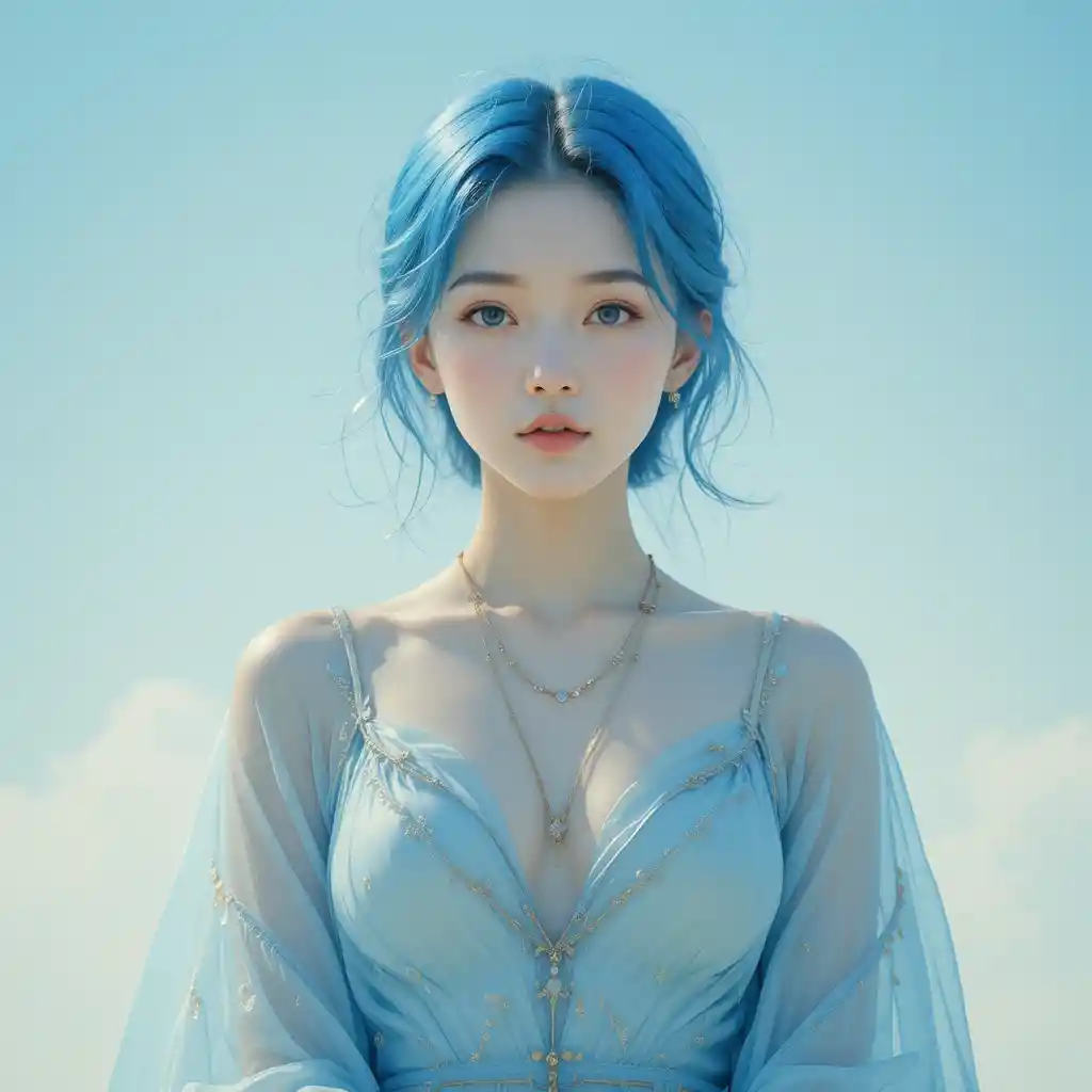 몽환적인 하늘 속 평온한 파란 머리 여인 초상