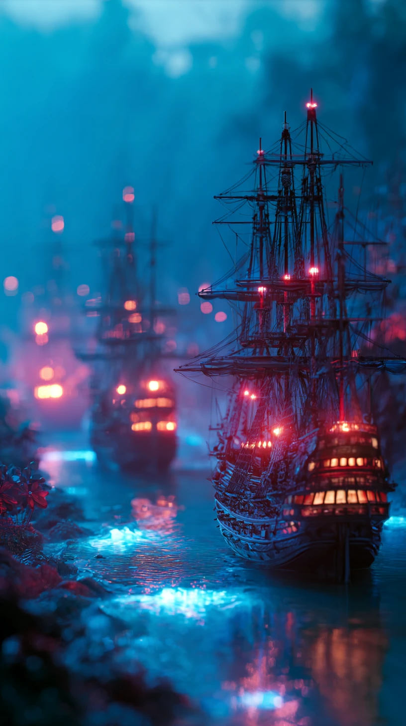 黃昏近海上發光的未來感大帆船戰艦