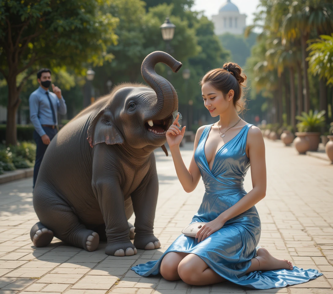 Jovem elefante brincando com arco colorido no parque