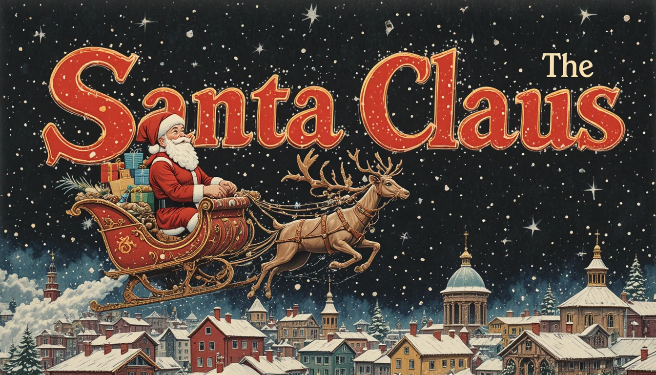 Papai Noel vintage voando de trenó sobre cidade nevada à noite