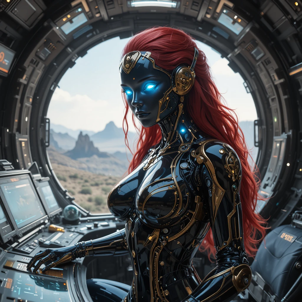 Female cyborg commander in a futuristic spacecraft cockpit
