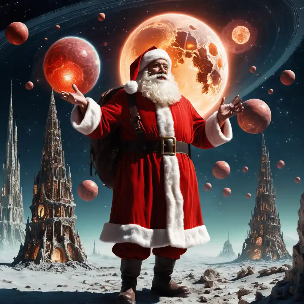 Père Noël Voyageant à Travers un Univers Surréaliste et Lumineux
