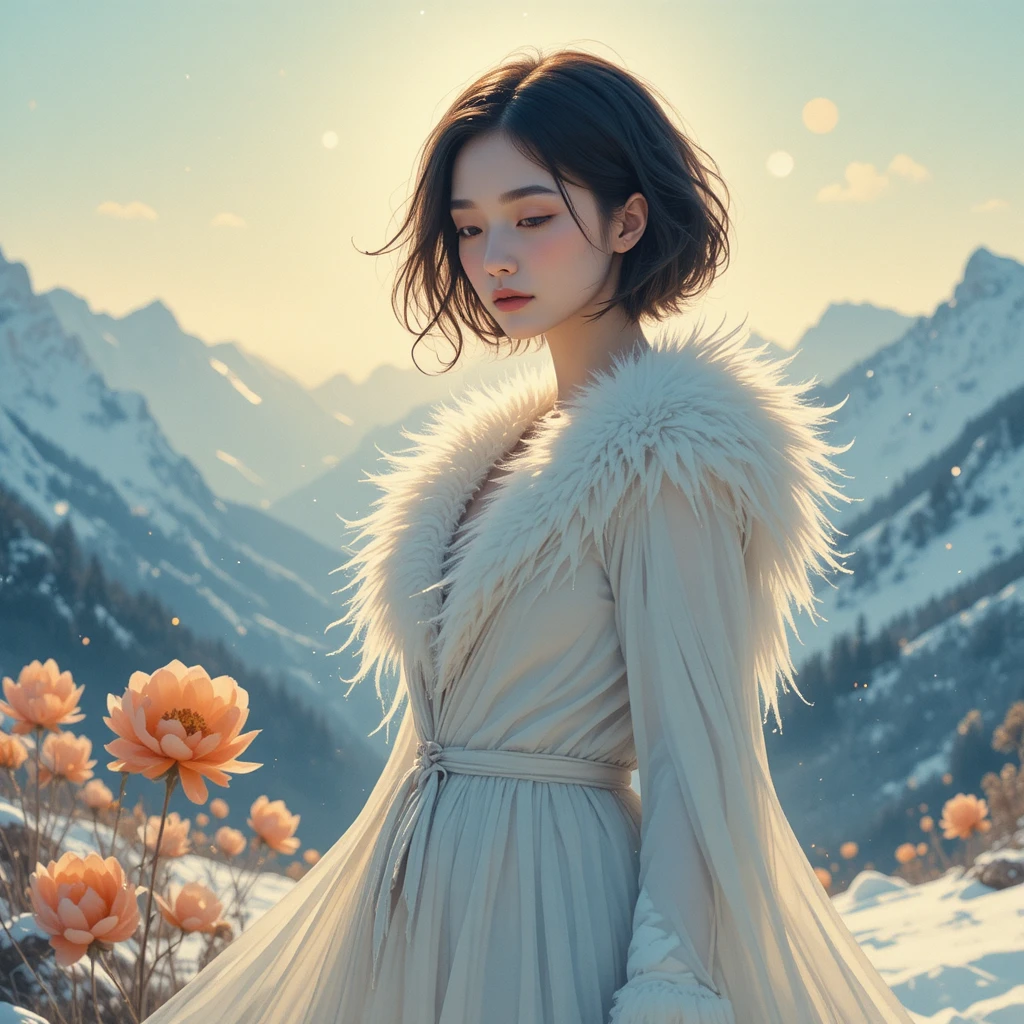 Donna eterea in paesaggio alpino innevato con peonie