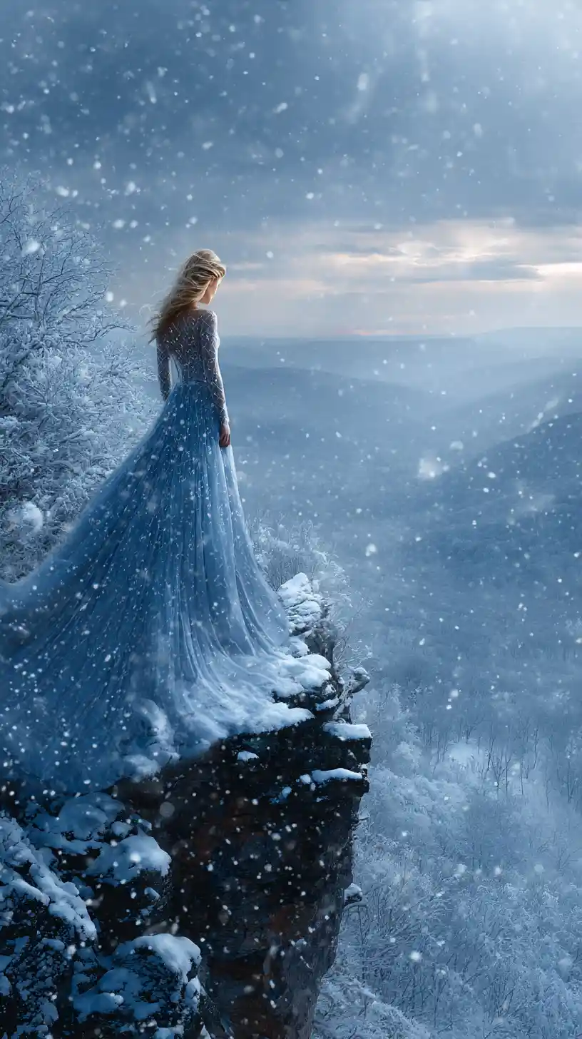 Mujer con vestido fluido en acantilado nevado en valle invernal