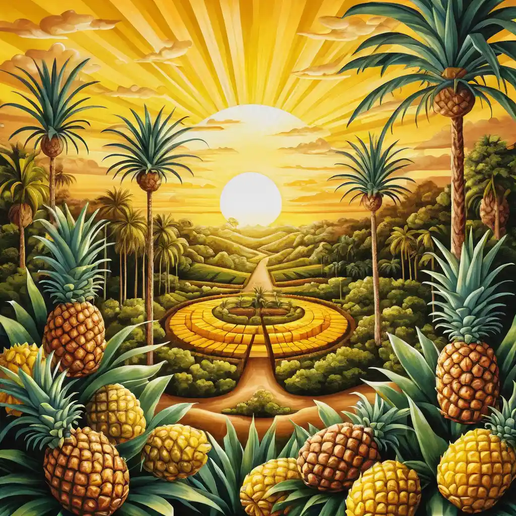 Surreal sunrise plantation with golden pineapple trees