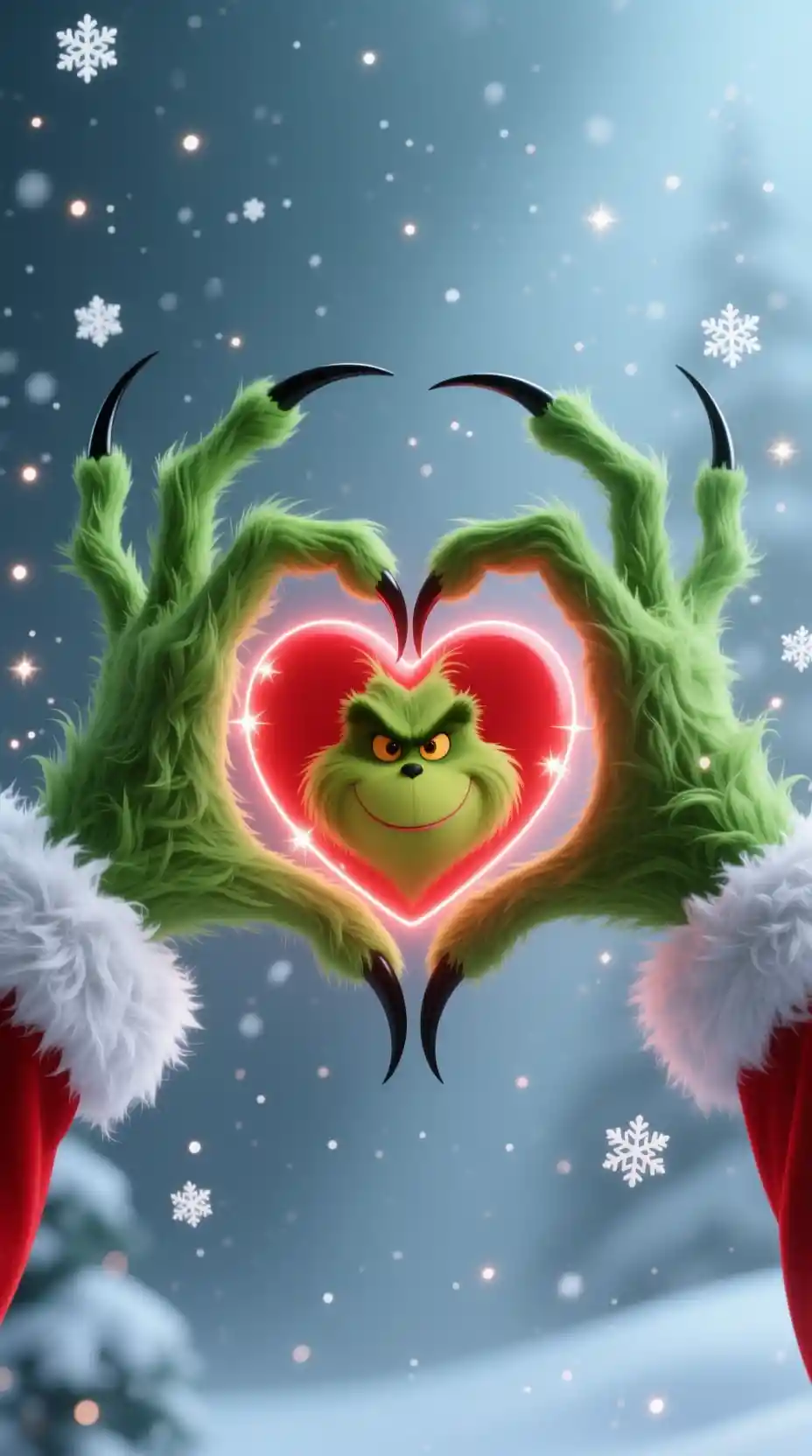 Grüne, zottige Klauen formen ein leuchtendes Weihnachtsherz