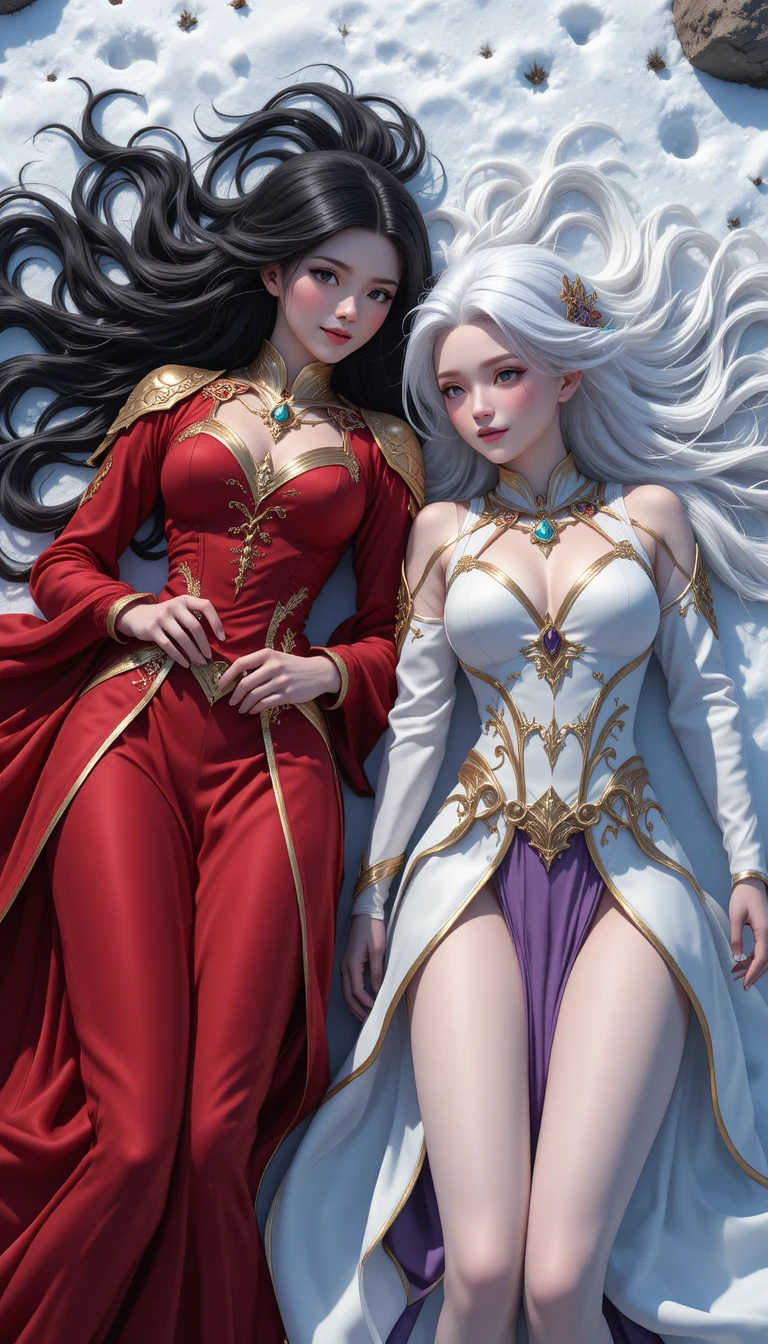 Due donne anime fantasy che riposano in un paesaggio innevato