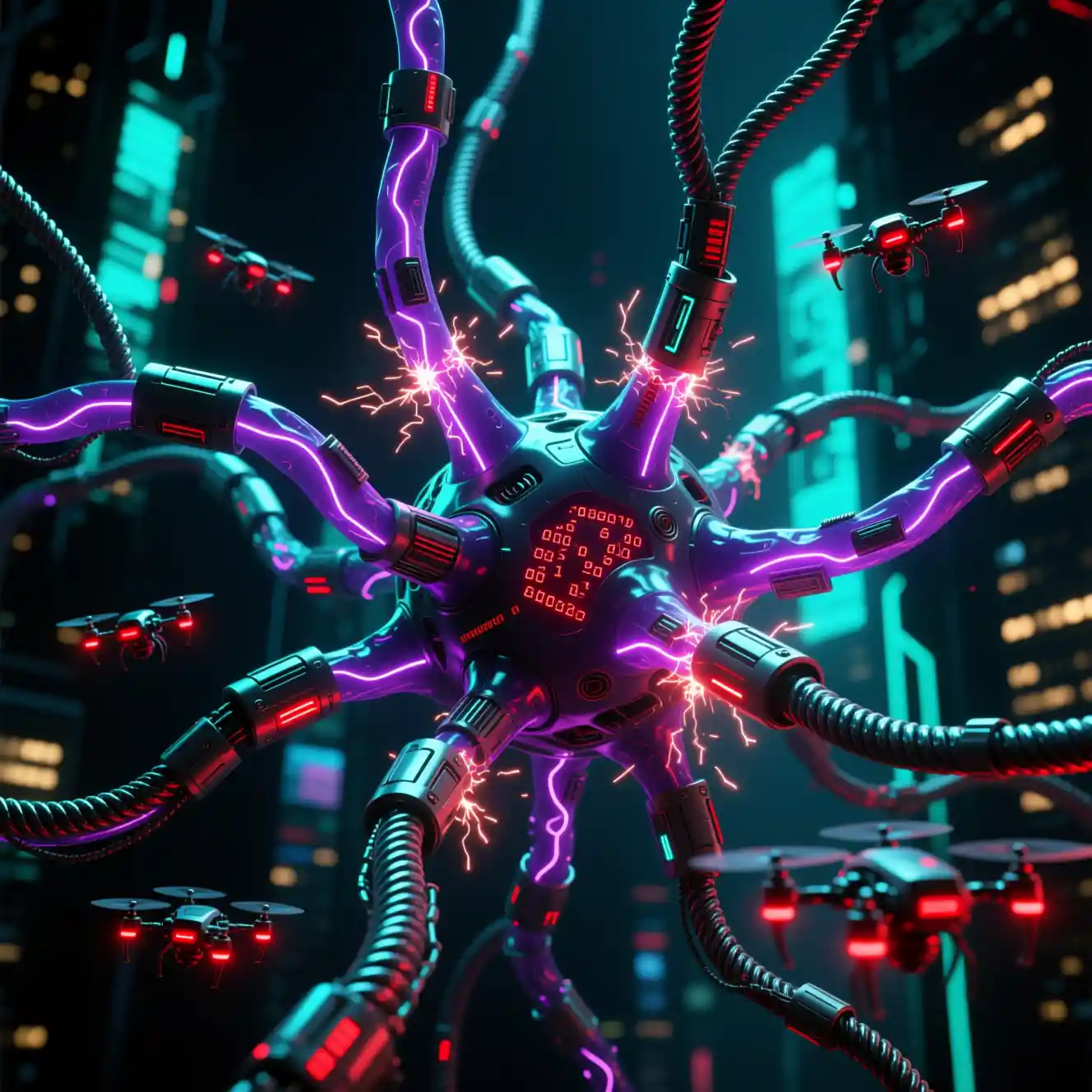 Cybernetic neuron with neon veins above a futuristic city
