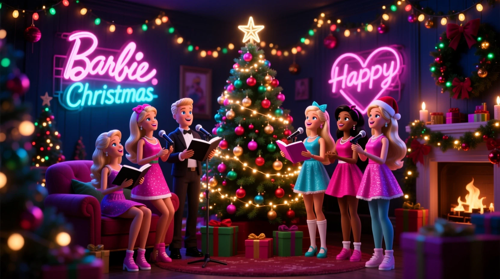 Christmas dolls gathered around a glowing festive tree