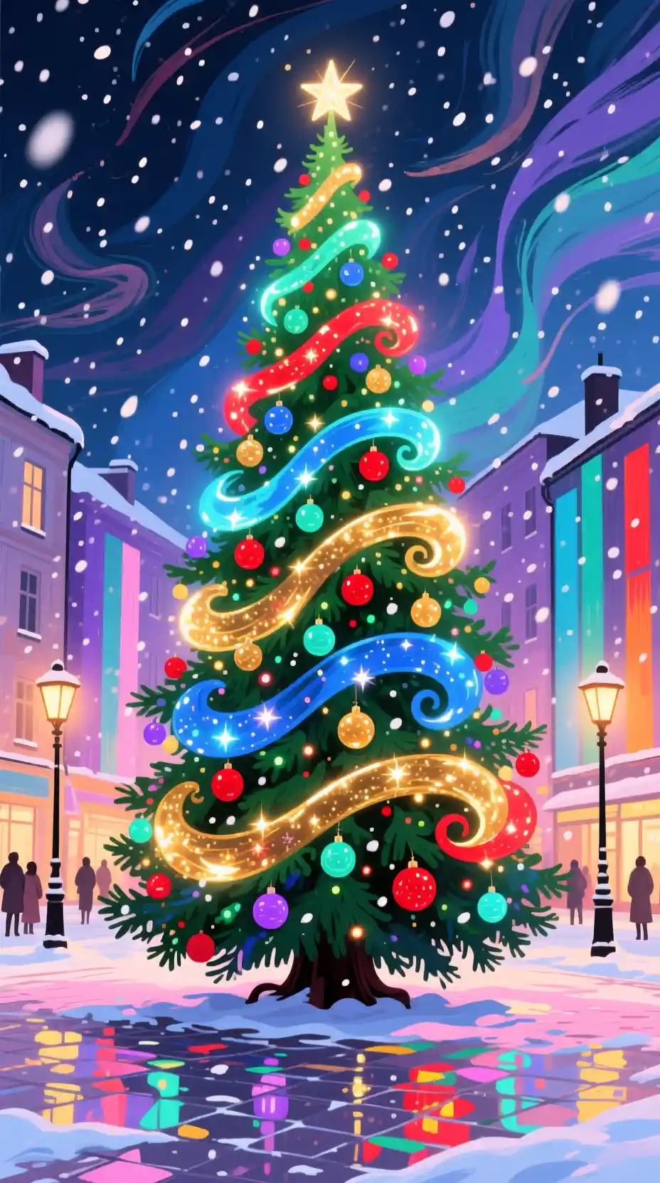 Árbol de Navidad abstracto y brillante en una plaza festiva