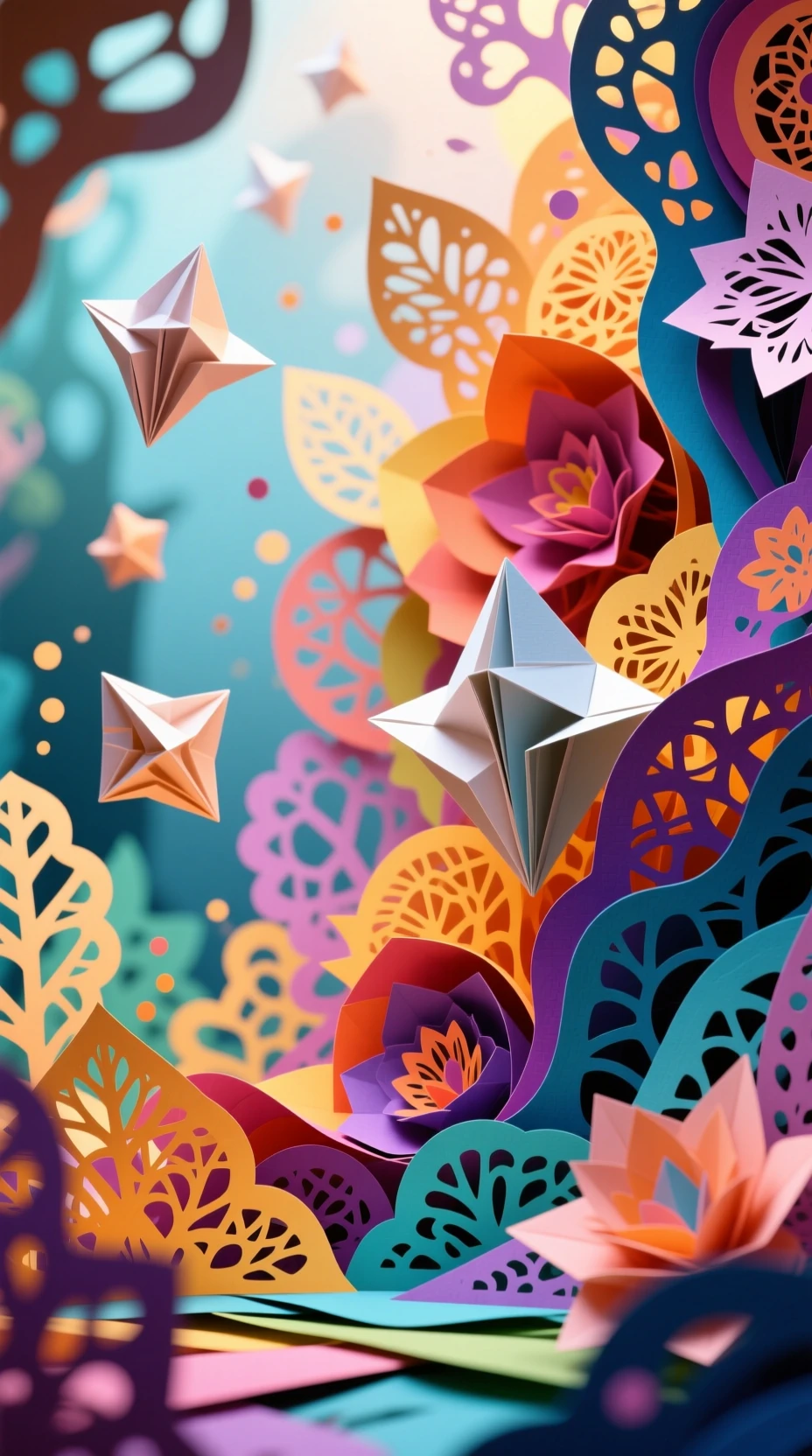 Colagem lúdica em papel multicolorido com camadas flutuantes