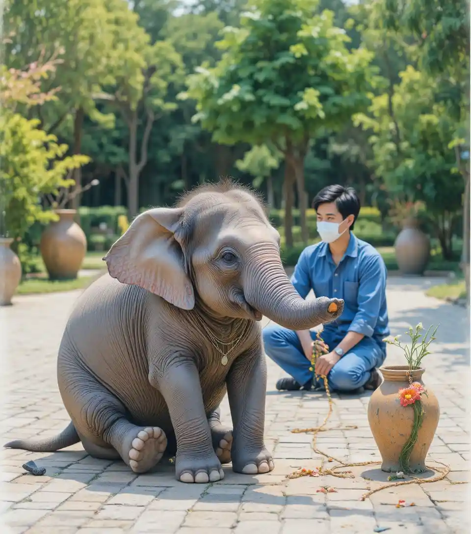 Young elephant playing with a colorful hoop outdoors