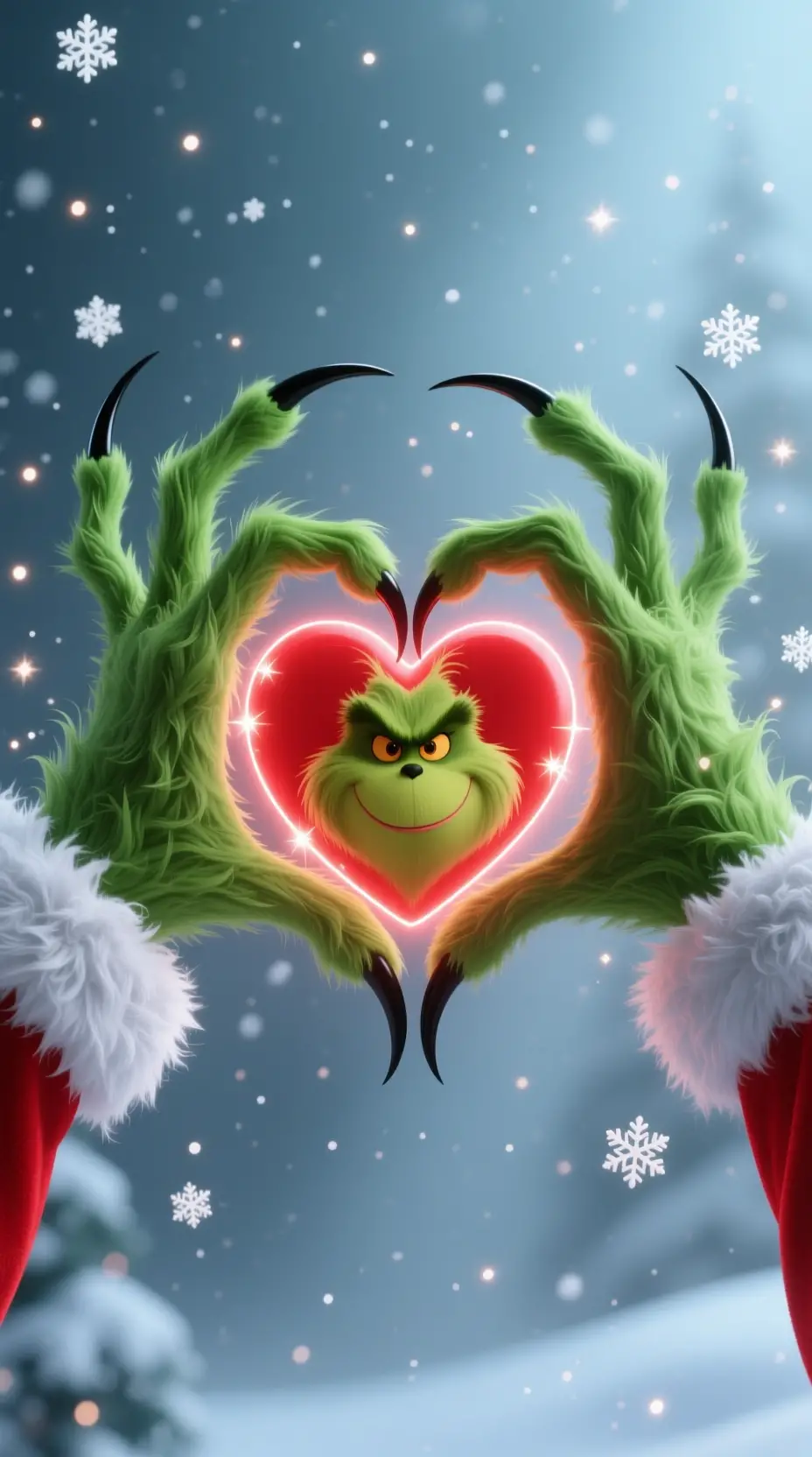 Green furry claws forming a glowing Christmas heart