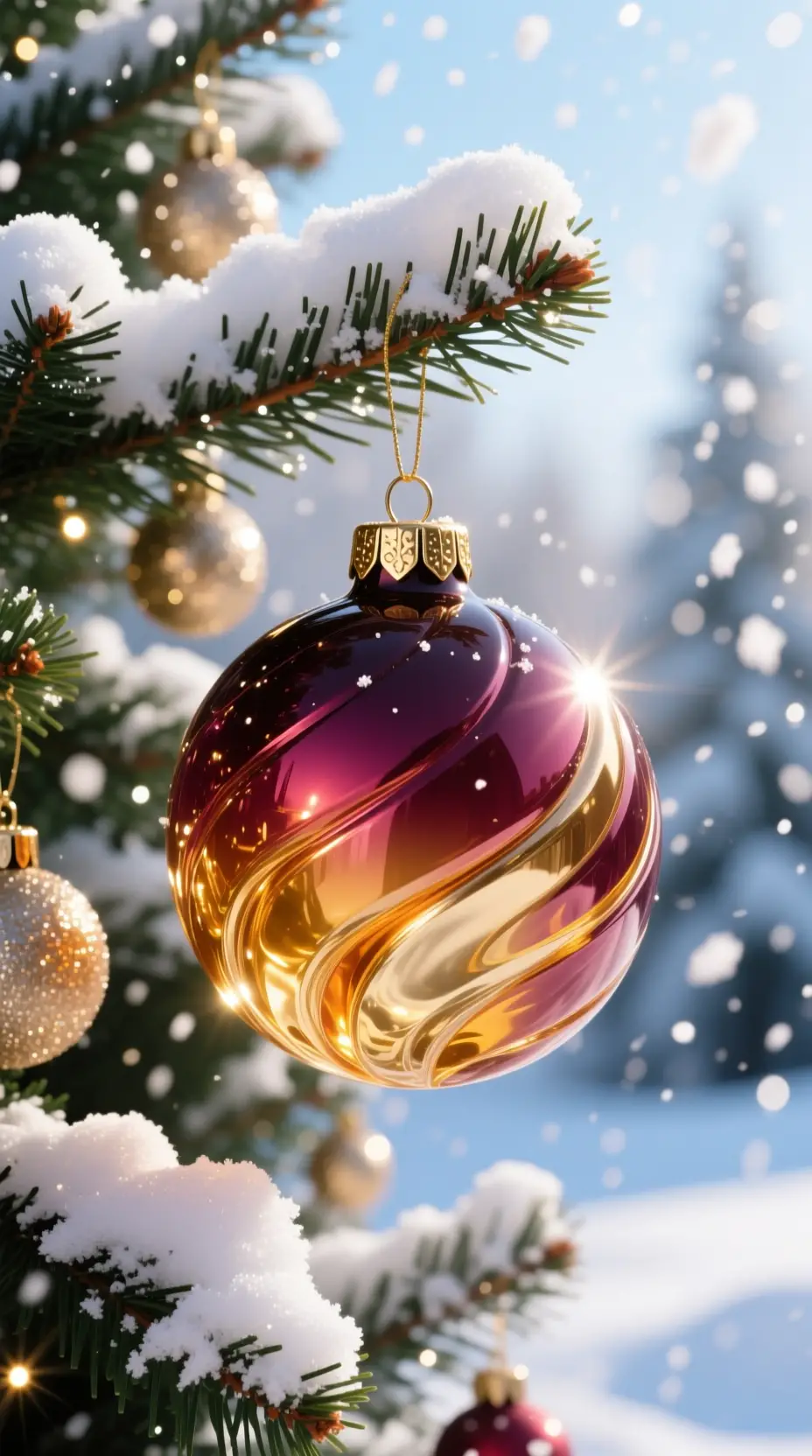 Shiny Glass Christmas Ornament In Sunlit Winter Snow