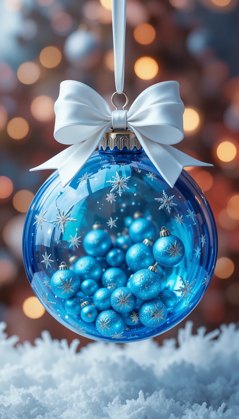 Pallina di Natale blu fluttuante con fiocco bianco