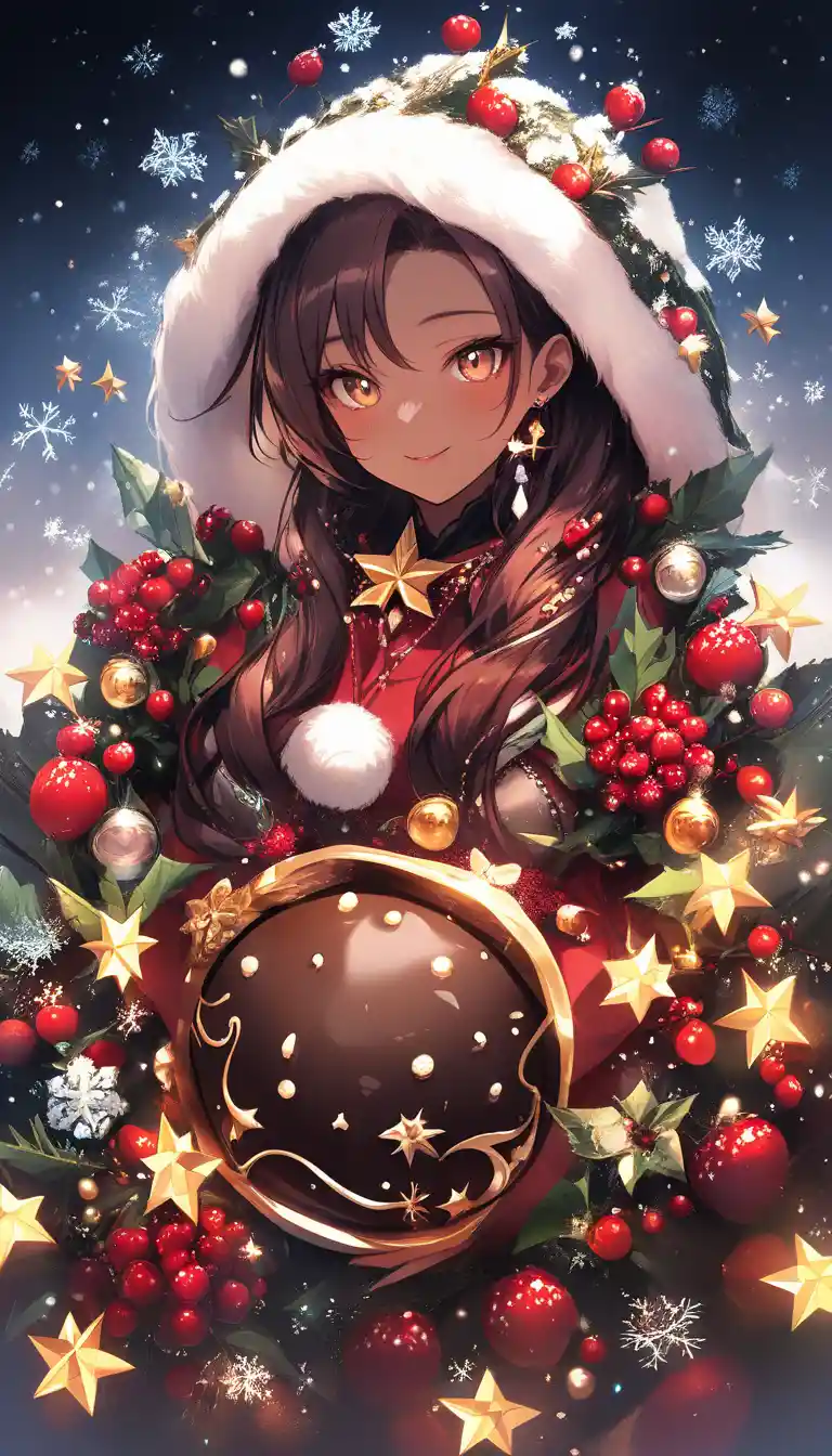 Chocolate Santa Claus with holly in a snowy glow