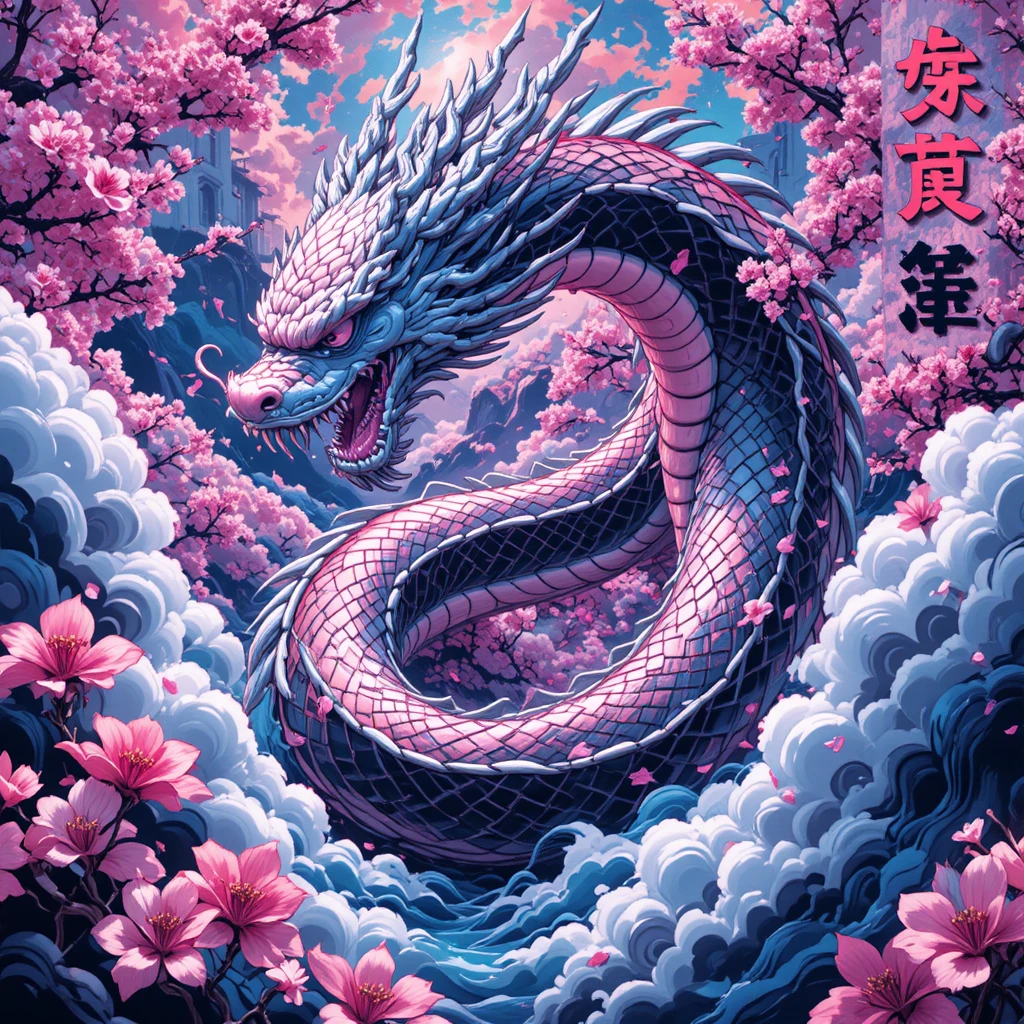 霓虹漫畫龍與櫻花與旋繞雲朵