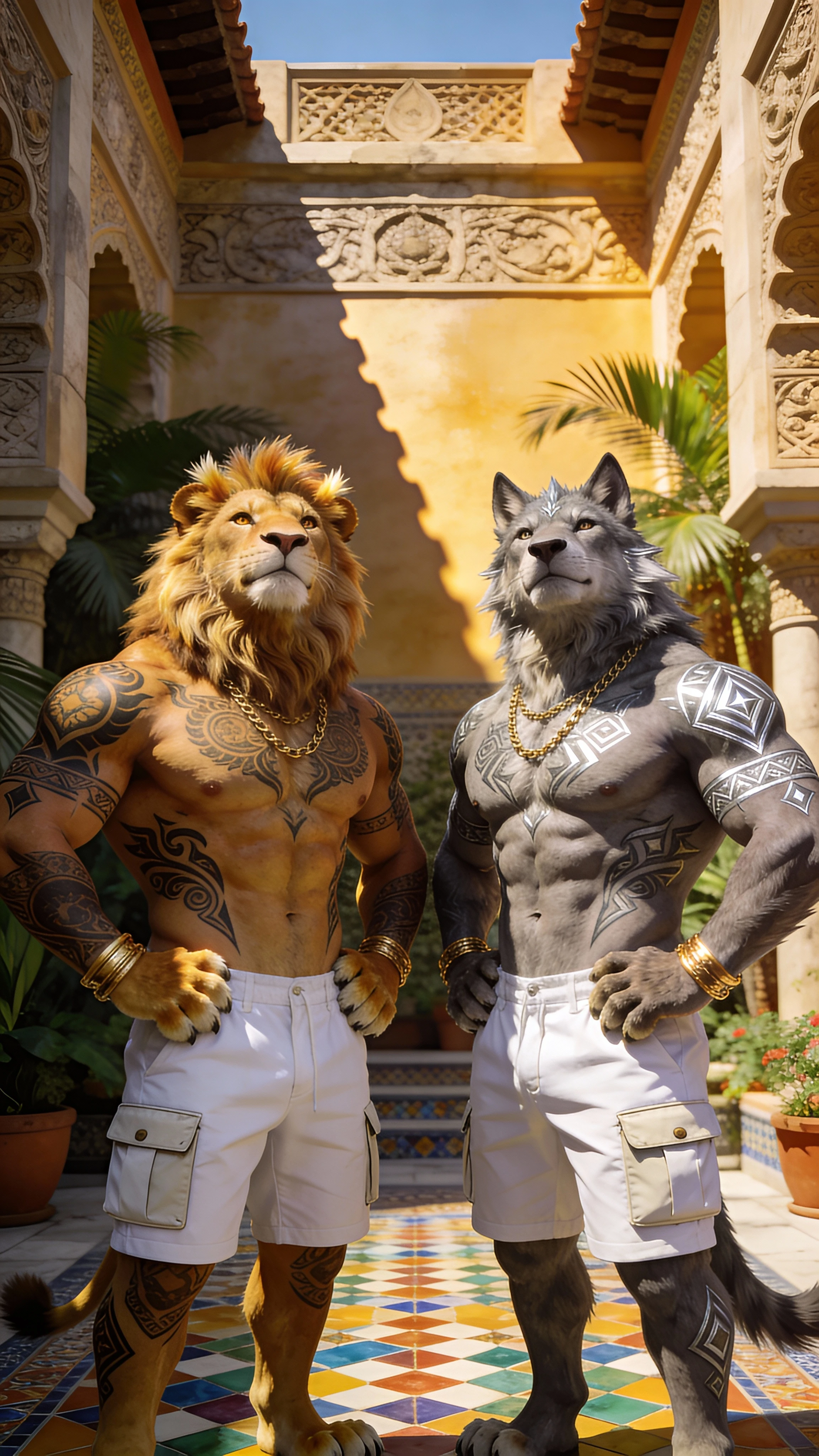 Leão e lobo musculosos em um luxuoso pátio exótico