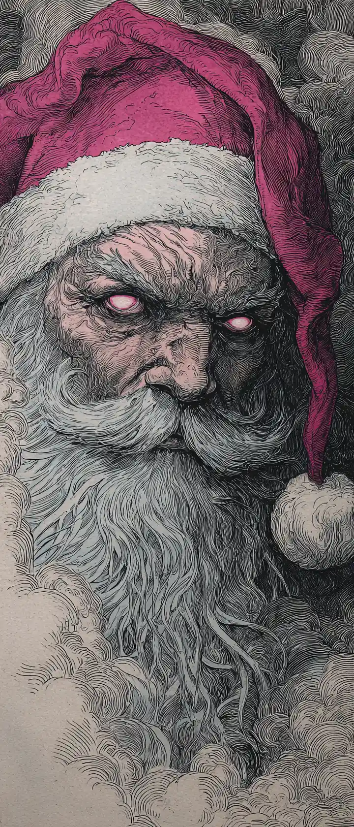 Ritratto di Babbo Natale distopico in una nebbia eterea ispirata al punk