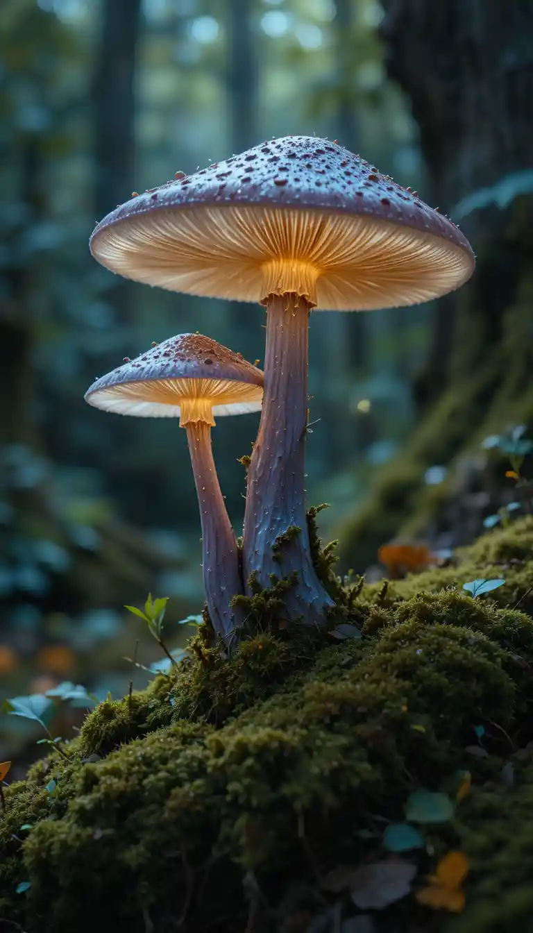 Deux champignons lumineux sur la mousse dans une forêt fantastique