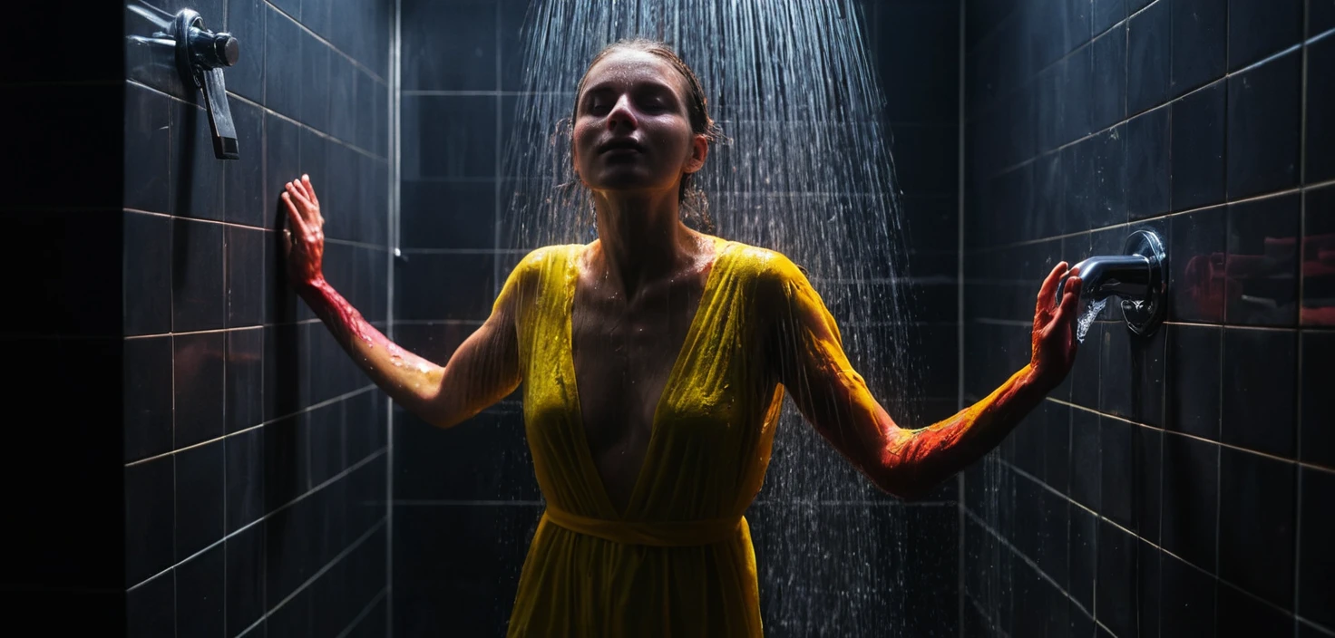 Jeune femme pulpeuse se douchant au‑dessus d’une lave en fusion lumineuse