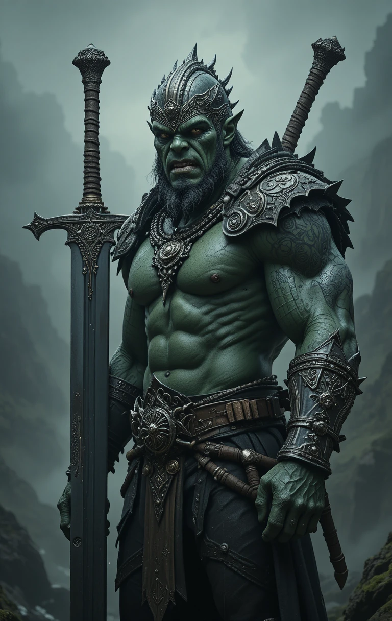 Guerreiro orc verde armado com armadura e espada em meio à neblina