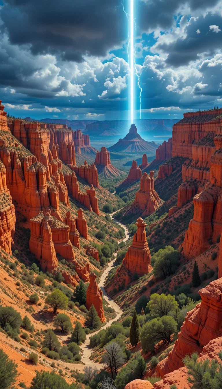 Stormy desert canyon landscape with vivid rainbow arc