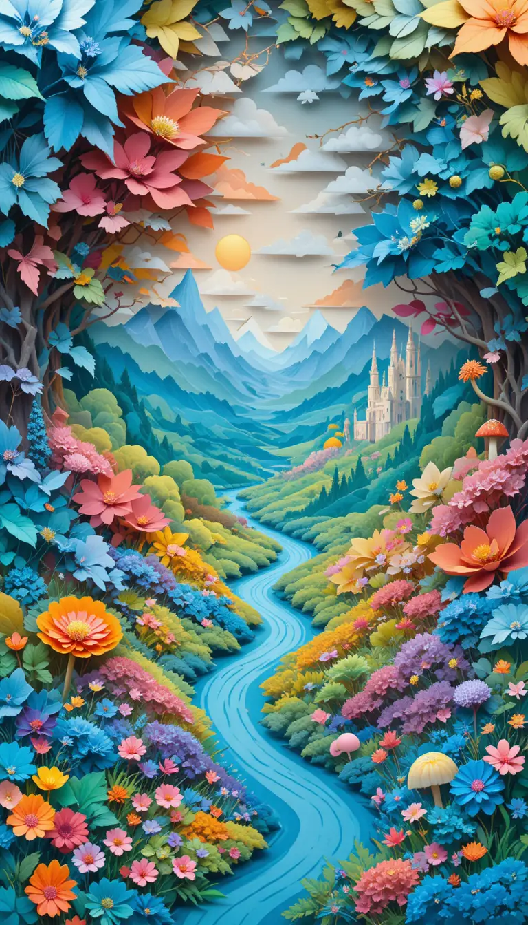 カラフルな紙切り風の幻想的な川と山の風景
