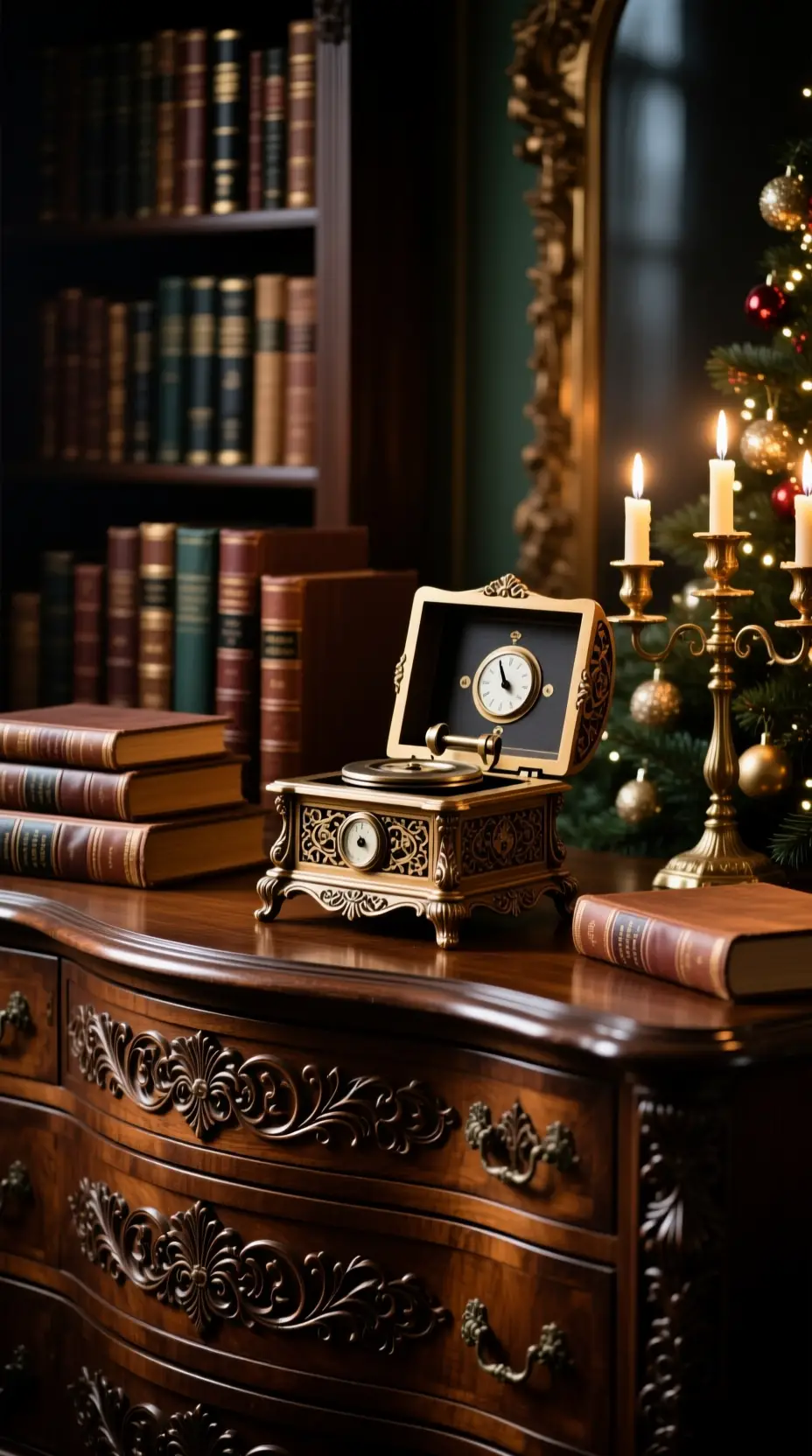 Antique Music Box On Ornate Dresser In Dim Study