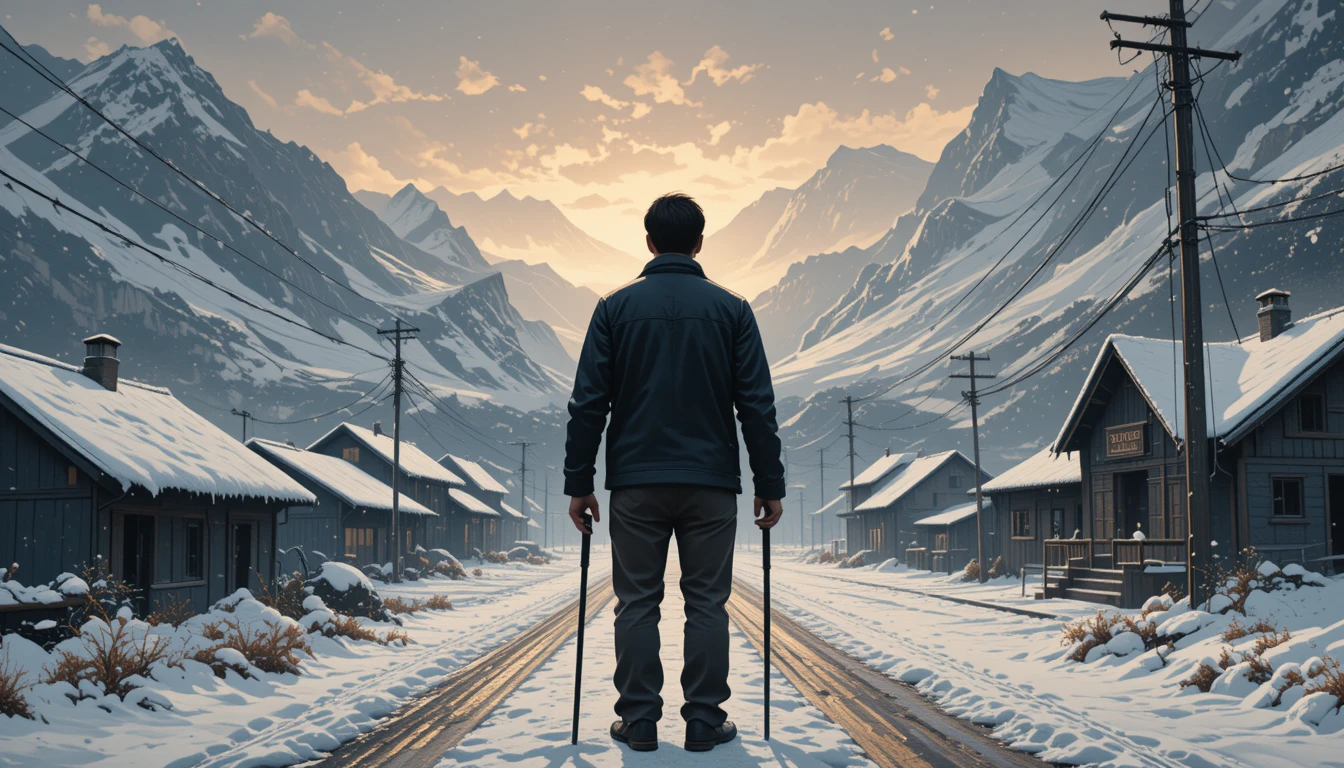 Homme avec canne face à un village de montagne enneigé à l’aube
