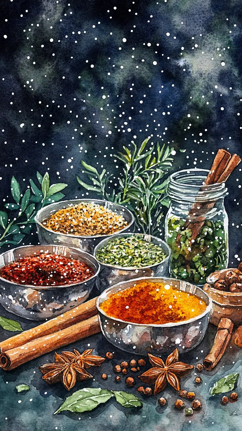 溫馨冬日場景中的水彩香料與香草