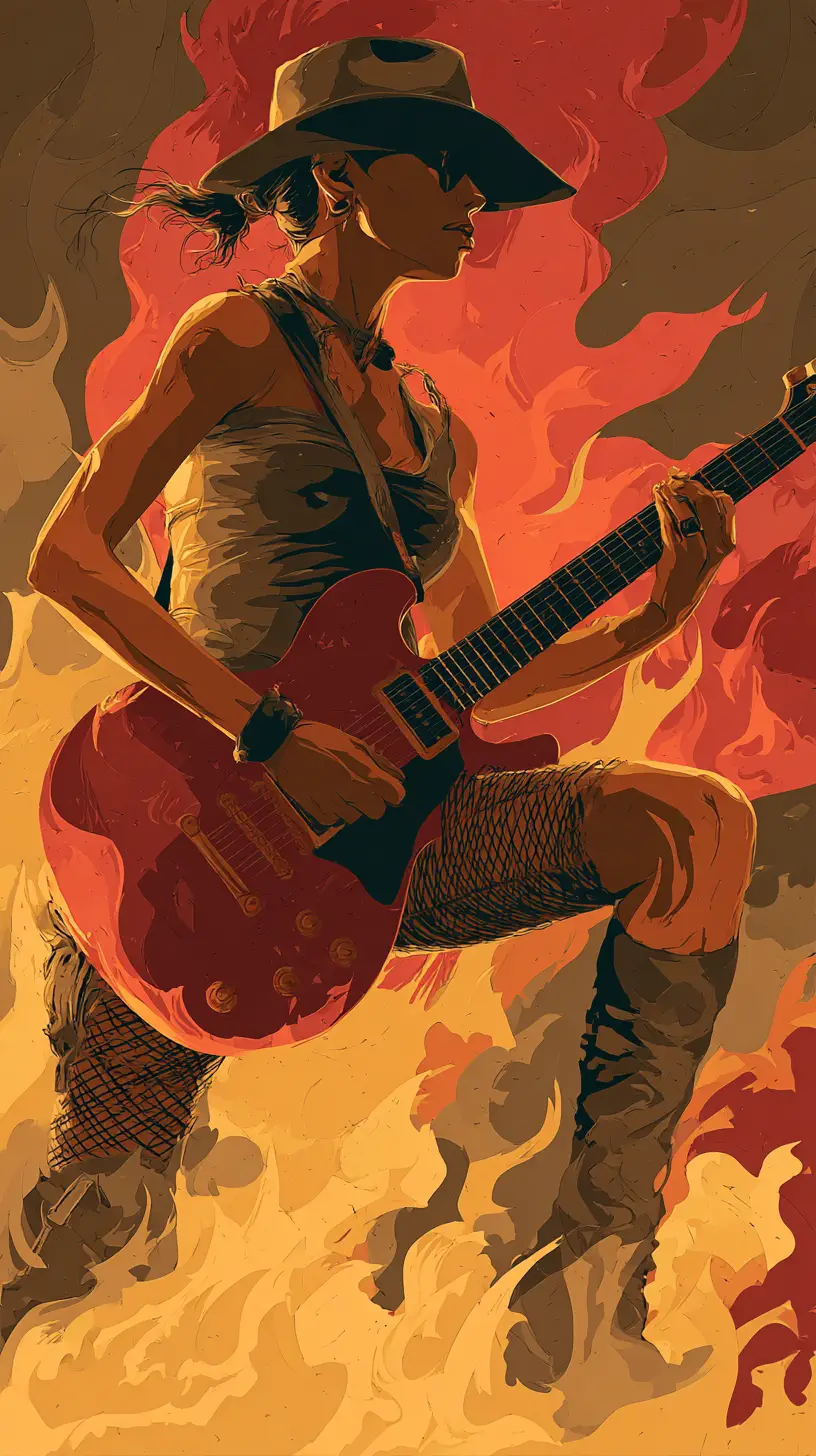 Guitarrista cowgirl ajoelhada cercada por chamas fantasiosas em fúria