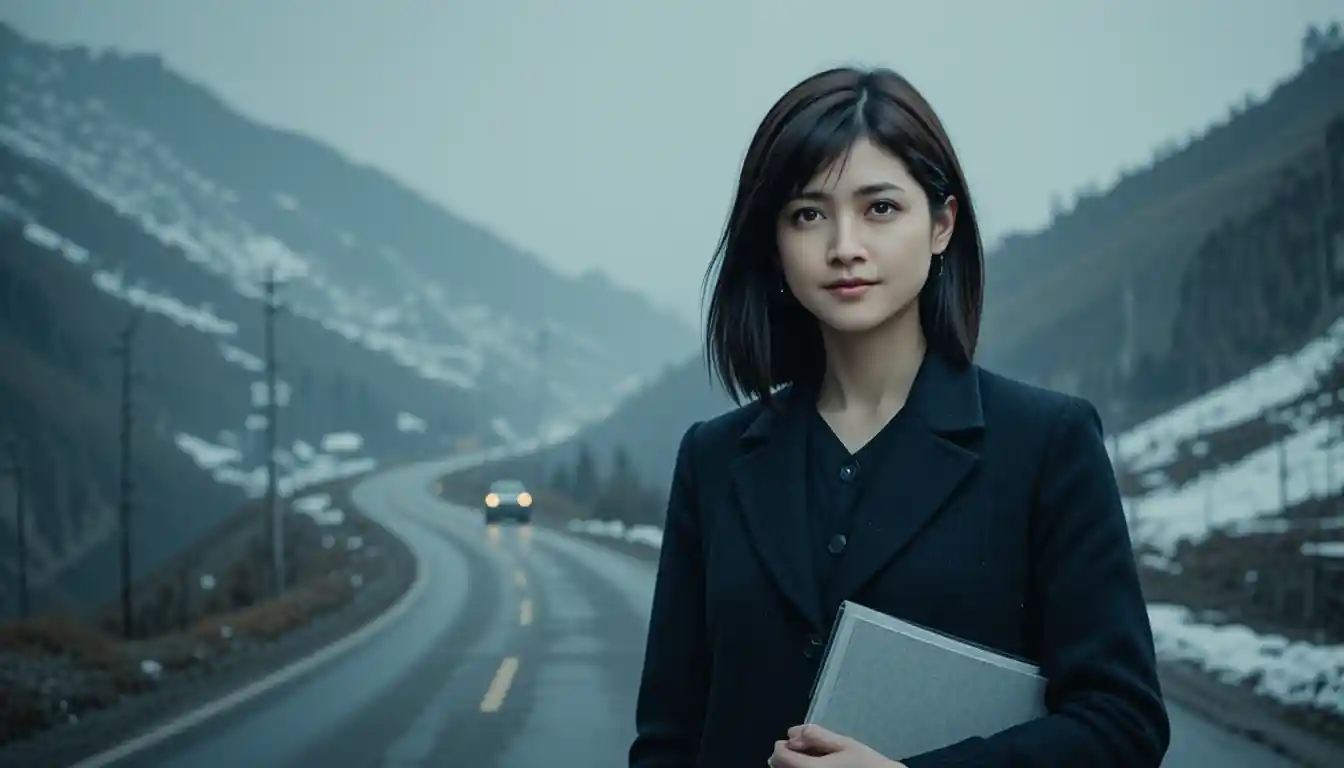 Young professional woman on a winter mountain road